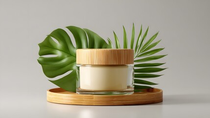 Natural beauty cream in glass jar with wooden lid and tropical leaves