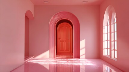 Pink hallway with archways leading to an orange door and light streaming from a window