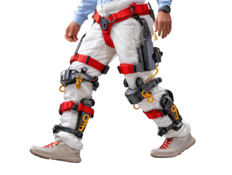 Robotics innovation: A person is shown in a high angle shot demonstrating a technologically advanced exoskeleton system and the safety components of modern technology for work.