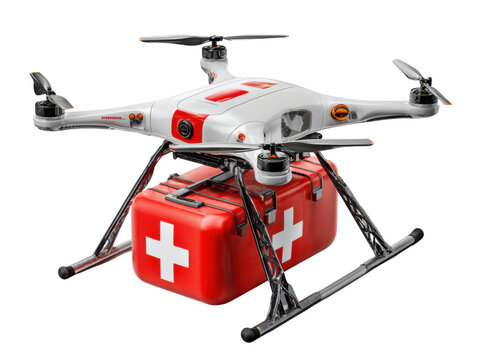 Lifesaving Aerial Delivery: A cutting-edge drone carrying a first aid kit soars through the sky, symbolizing innovation, healthcare, and rapid response in an age of technological advancement.