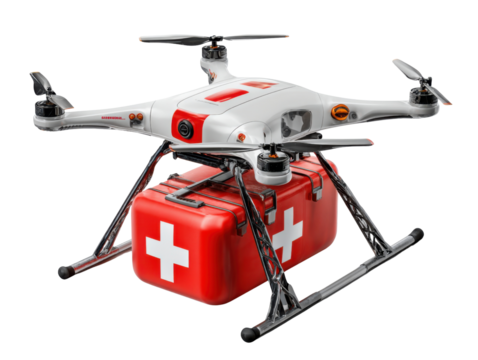 Lifesaving Aerial Delivery: A cutting-edge drone carrying a first aid kit soars through the sky, symbolizing innovation, healthcare, and rapid response in an age of technological advancement.