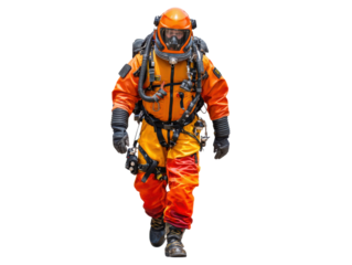 Protective Gear in Action: A person in a high-visibility orange hazmat suit strides forward confidently, embodying preparedness and safety.