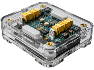 Technological marvel: A close-up, high-angle shot of a sophisticated electronic circuit board housed within a transparent casing, showcasing intricate technology and precision.