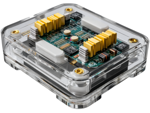 Technological marvel: A close-up, high-angle shot of a sophisticated electronic circuit board housed within a transparent casing, showcasing intricate technology and precision. - Powered by Adobe