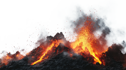 Volcanic eruption with lava flows and thick smoke on a transparent background. PNG