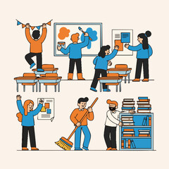 Flat Line Illustration of Diverse Students Cleaning and Decorating the Classroom
