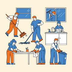 Line Art People Cleaning Service Activities with Cleaning Equipment Illustration
