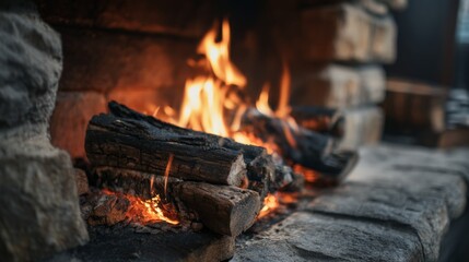 Stone fireplace with softly burning logs, set in a cozy cabin-like setting with rustic textures and inviting warmth.