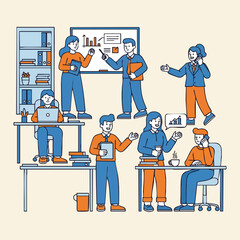 Minimalist Line Drawing Diverse Teamwork in Office Workspace Illustration