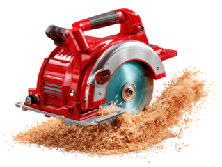 Circular Saw in Action: A powerful red circular saw cuts through wood, creating a shower of sawdust. The image showcases the tool's cutting power and precision.