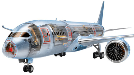 Aircraft Cutaway: Detailed view of an aircraft showcasing internal mechanics, engineering marvel, highlighting the fusion of innovation and precision in aviation design.