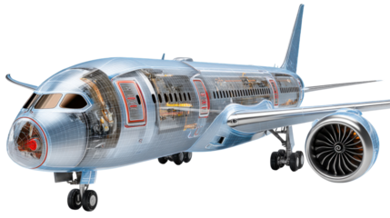 Aircraft Cutaway: Detailed view of an aircraft showcasing internal mechanics, engineering marvel, highlighting the fusion of innovation and precision in aviation design.