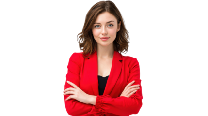 Confidence in Scarlet: A professional woman exudes poise and confidence in a vibrant red blazer, her arms crossed, portraying an image of assuredness and ambition.