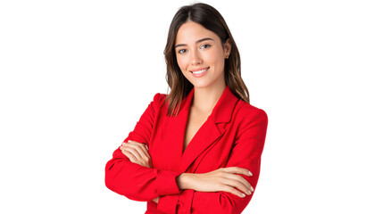 Confident in Red: A poised young woman exudes confidence, dressed in a striking red blazer and arms crossed. The portrait radiates professionalism.