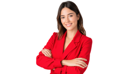 Confident in Red: A poised young woman exudes confidence, dressed in a striking red blazer and arms crossed. The portrait radiates professionalism.