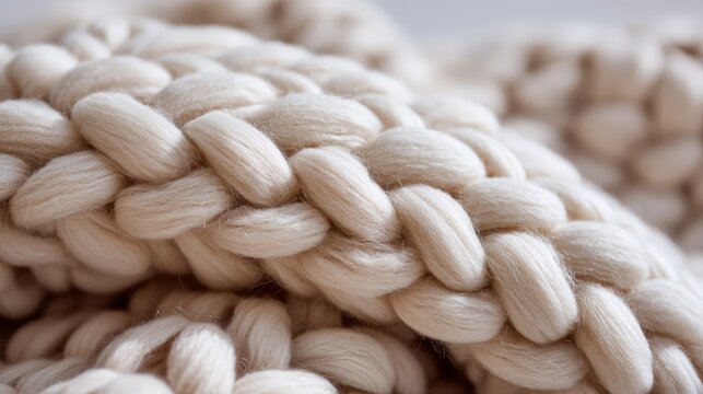 Close-up of chunky soft cream-colored knit fabric forming a cozy and tactile textile texture.