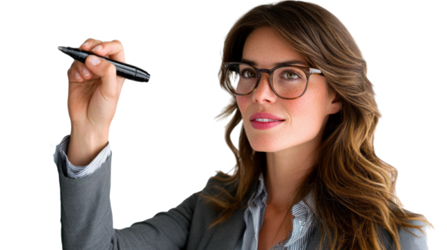 Businesswoman Writing on Glass: A focused businesswoman with shoulder-length brown hair, wearing glasses and a grey blazer, writes thoughtfully on a transparent surface.