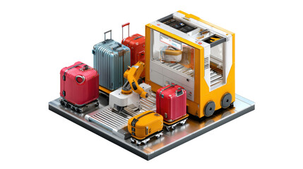 Modern Luggage Conveyor System: A contemporary display showcasing an automated luggage conveyor system, with an array of vibrant suitcases, robots, and a sleek control unit.