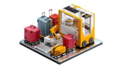 Modern Luggage Conveyor System: A contemporary display showcasing an automated luggage conveyor system, with an array of vibrant suitcases, robots, and a sleek control unit.