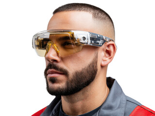 A man wears safety glasses: A man, with a well-groomed beard, models protective eyewear designed for safety, offering a glimpse into workplace security and health.