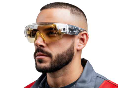 A man wears safety glasses: A man, with a well-groomed beard, models protective eyewear designed for safety, offering a glimpse into workplace security and health. - Powered by Adobe