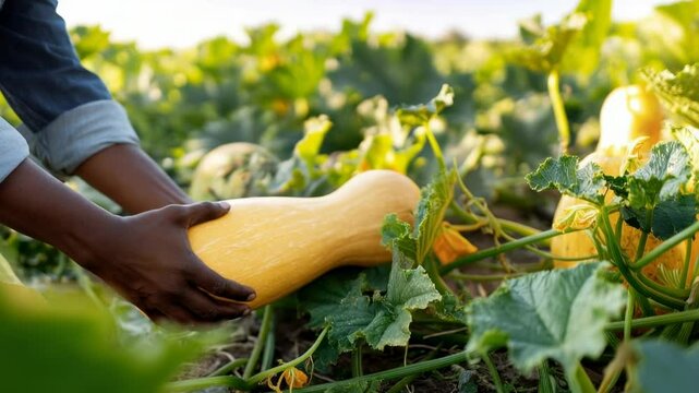 Harvesting ripe squash in vibrant farm field under sunny sky during autumn
