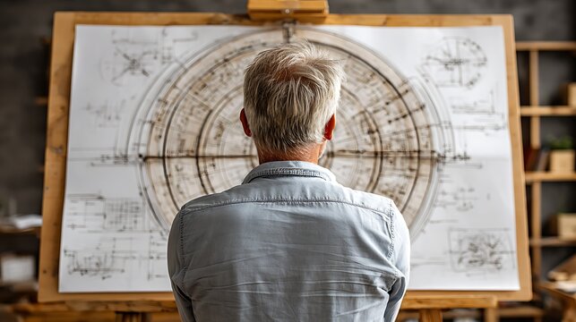 Man views blueprint.