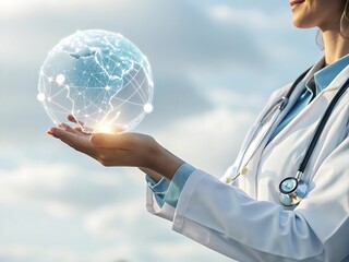 Doctor holding a glowing digital globe representing global healthcare and medical technology