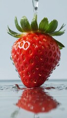  А juicy strawberry with water droplets falling, evoking a sense of freshness and purity