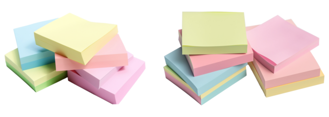 A vibrant stack of blank, colorful sticky notes on a transparent background, perfect for office reminders or messages. PNG