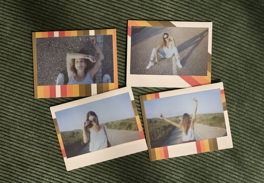 Polaroids frames arranged on a textured surface, ideal for adding personalized text, colors, or patterns.