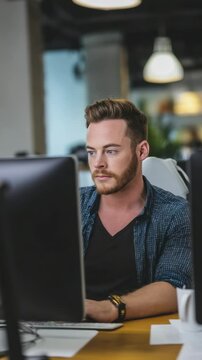 Focused professional working at a desk in a modern office during the day while using a computer for important tasks