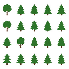 Collection of ten vibrant green cartoon trees; various styles, perfect for children's illustrations, nature designs, and spring themes.