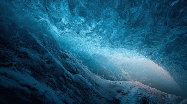 Eerie ice cave in Iceland with dramatic shadows and deep blue hues illuminated by sunlight filtering through icy walls showcasing nature's frozen wonderland of mystery and magic