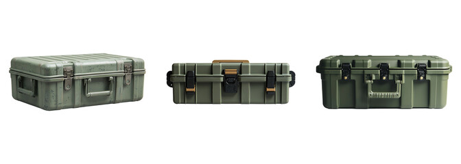 Collection of heavy-duty military plastic containers isolated on transparent background. PNG