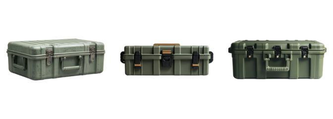 Collection of heavy-duty military plastic containers isolated on transparent background. PNG