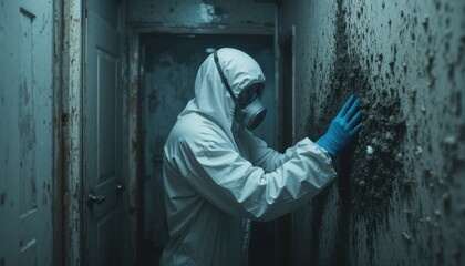 Hazardous mold remediation expert in protective gear touching infested wall
