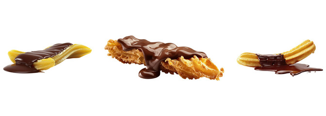 Obraz premium Set of crispy golden churros with delicious melted chocolate isolated on a transparent background. PNG