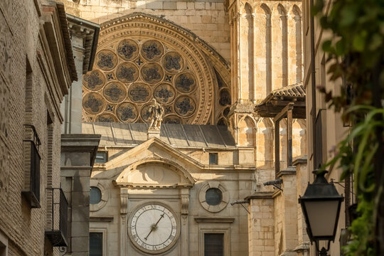 Magnificent historic facade of the Cathedral of Saint Mary of Toledo, Spain.
