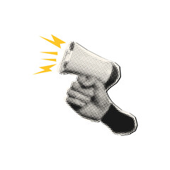 Male hand holding megaphone in retro halftone style,cut out element for collage design