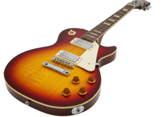 Vintage-style sunburst electric guitar, gradient yellow/orange to dark red, white pickguard, reflective chrome hardware, dark fretboard. Isolated on pristine transparent background with studio