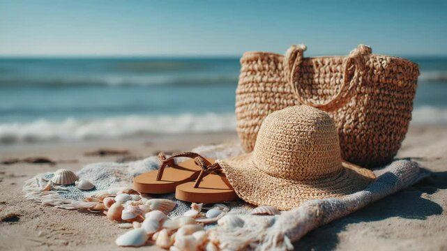 Summer Beach Scene with Straw Hat, Flip Flops, and Wicker Bag on Sandy Shoreline