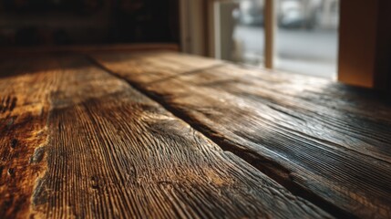 Close-up of a rustic wooden tabletop surface in golden natural light near a window.