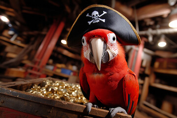Parrot in pirate hat guarding treasure chest filled with gold
