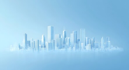 Obraz premium Cityscape Silhouette: A stunning, ethereal skyline of modern skyscrapers, rendered in cool blue hues, evokes a sense of innovation and urban sophistication.