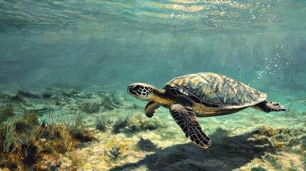 Obraz premium Underwater view of a sea turtle swimming in shallow water.
