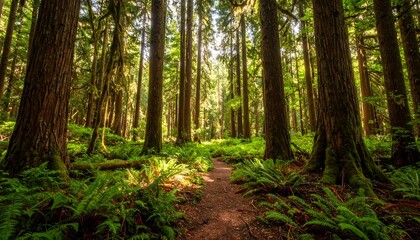 Naklejka premium Sunlit forest path through tall trees