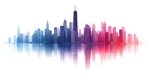 Fototapeta premium Cityscape Reflection: A vibrant cityscape at dawn or dusk, reflected in still water, showcasing a range of building heights and architectural styles in a gradient of cool and warm colors.