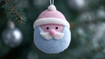 Obraz premium Fuzzy pastel Santa ornament on evergreen whispers Yuletide whimsy, Nordic folklore, and nostalgic Festivus charm