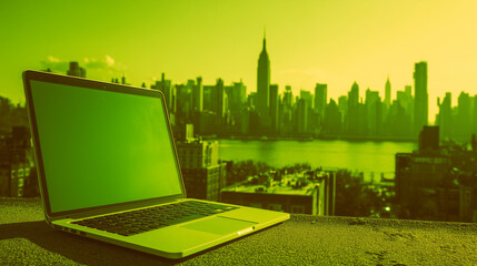 realistic 3d mockup for a laptop with a view of buildings new york city, working hard for the american dream template greenish modern world atmosphere